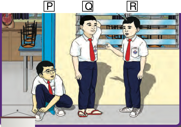 Tiga orang murid lelaki: P mengikat tali kasut, Q memakai selipar, R memakai kasut