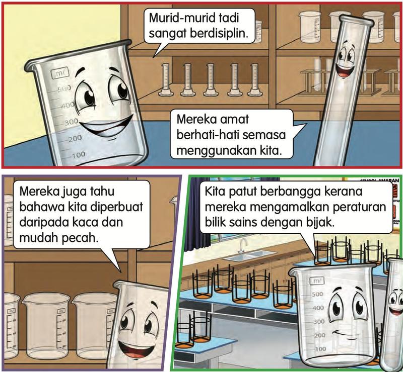 Si Bikar dan Si Tabung Uji berbual tentang murid tahun 3 yang berdisiplin