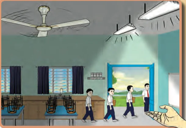 Murid keluar dari bilik sains sedangkan kipas dan lampu masih menyala
