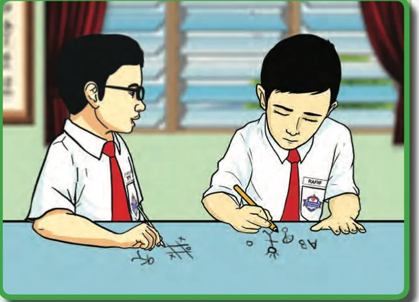 Dua murid menconteng di atas meja