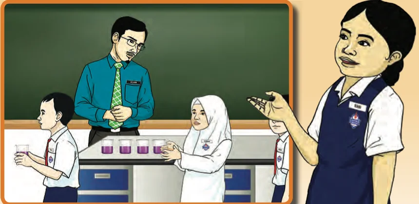 Murid mengambil bikar dari meja guru