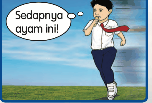 Seorang murid berlari sambil makan ayam