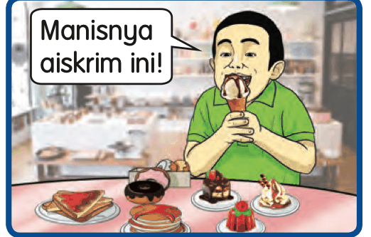 Seorang lelaki makan aiskrim dengan kek dan makanan manis di atas meja