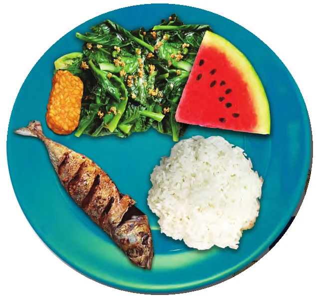 Sepinggan nasi, ikan, tempe, sayur hijau dan tembikai