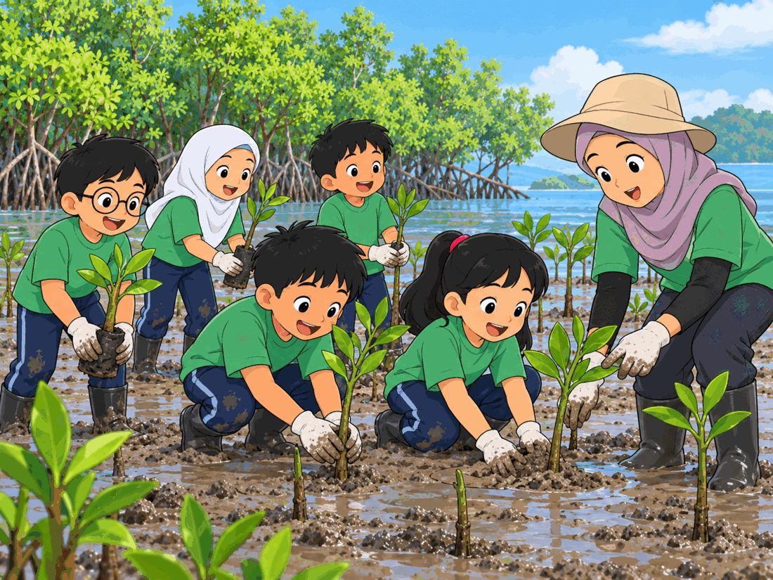 Murid dan guru menanam anak pokok bakau di atas lumpur