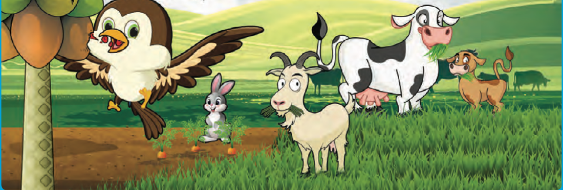 Burung, arnab, kambing dan lembu makan tumbuh-tumbuhan di ladang