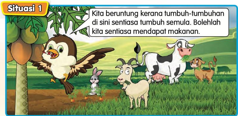 Haiwan di ladang makan buah, rumput dan lobak merah