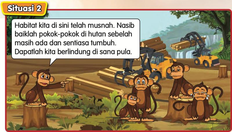 Monyet duduk di atas tunggul di hutan yang ditebang