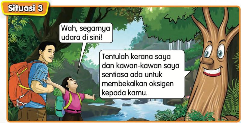 Pengembara menghirup udara segar di hutan, dengan sebatang pokok yang berkata bahawa ia membekalkan oksigen