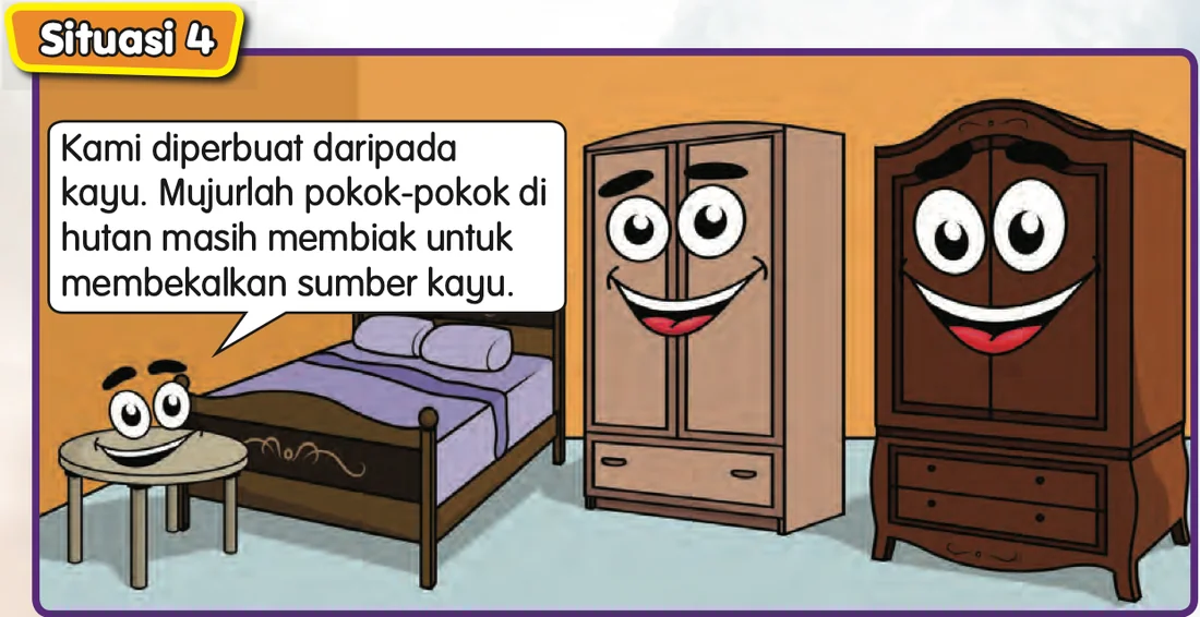 Katil, meja dan almari diperbuat daripada kayu