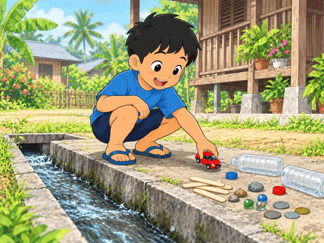 Seorang budak lelaki di tepi parit dengan kayu aiskrim, botol plastik, duit syiling, guli dan batu
