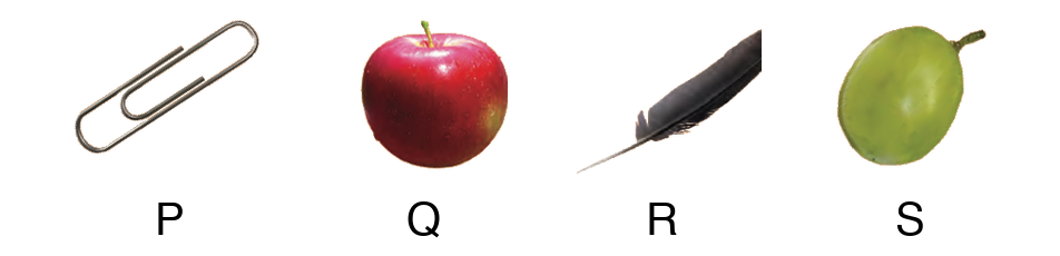 P ialah klip kertas, Q ialah epal, R ialah bulu pelepah, S ialah buah anggur
