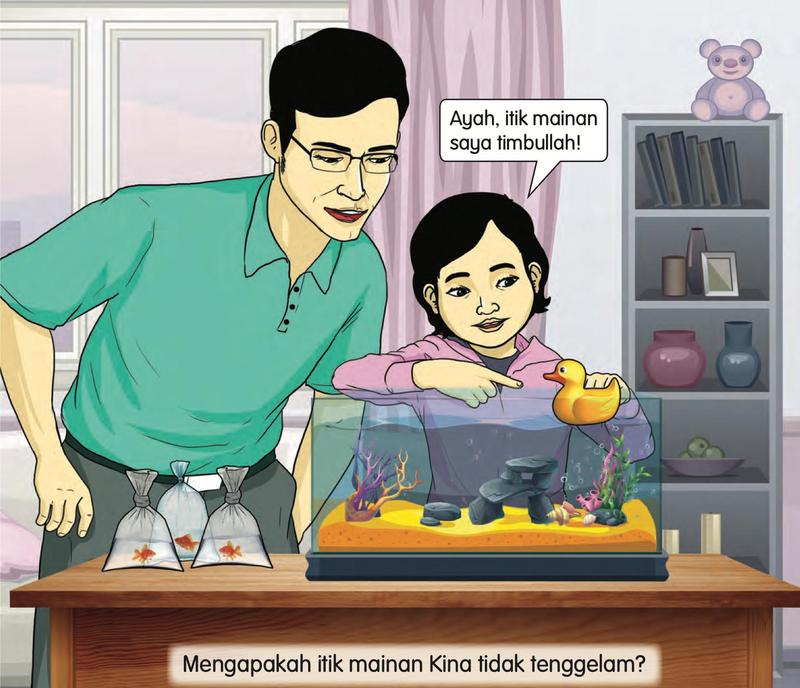 Kina menunjuk itik mainan kuning yang timbul di dalam akuarium sementara ayahnya melihat