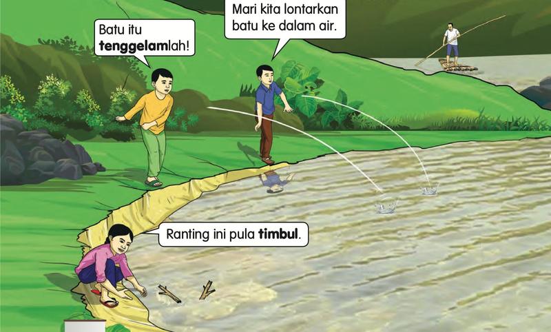 Murid melontar batu ke dalam sungai. Batu itu tenggelam dan ranting timbul.