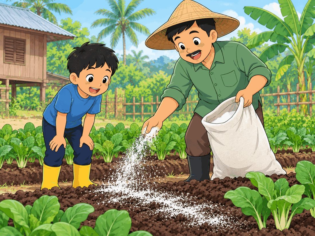 Seorang budak lelaki memerhati bapanya menabur kapur pada tanah kebun sayur