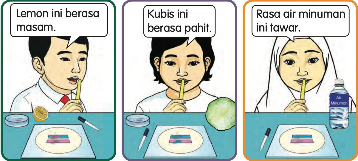 Tiga murid merasa lemon, kubis dan air minuman dengan batang aiskrim