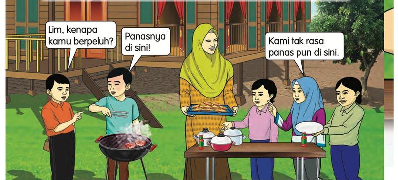Lim membakar makanan di tepi api dan kawan-kawannya berdiri di meja yang jauh dari api