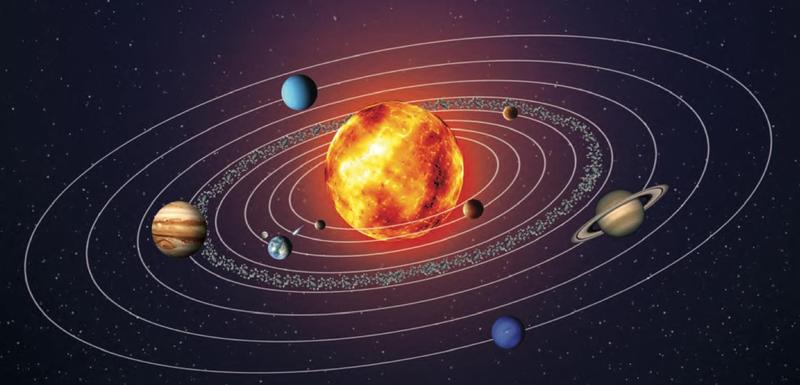 Sistem Suria ditayangkan di skrin teater Angkasa Planetarium Negara: Matahari di tengah dan planet-planet pada orbitnya
