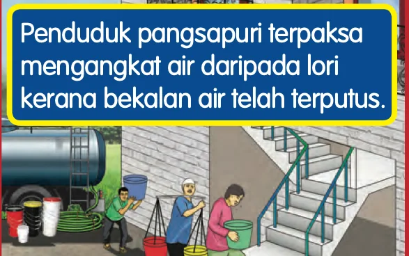 Masalah: penduduk pangsapuri terpaksa mengangkat air daripada lori kerana bekalan air telah terputus