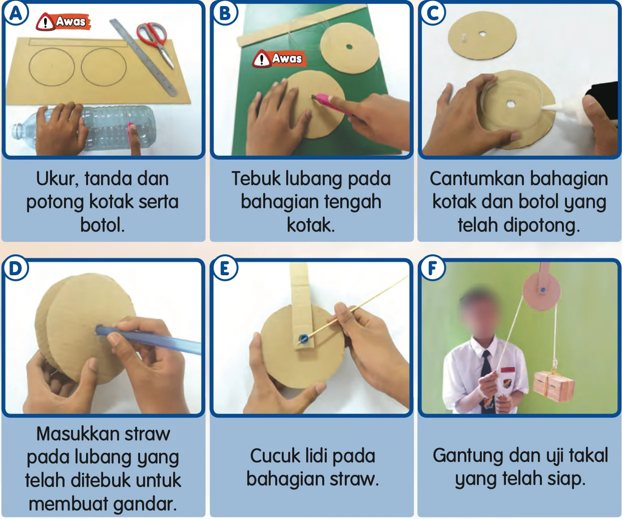 Enam langkah A hingga F membina model takal daripada kotak dan botol