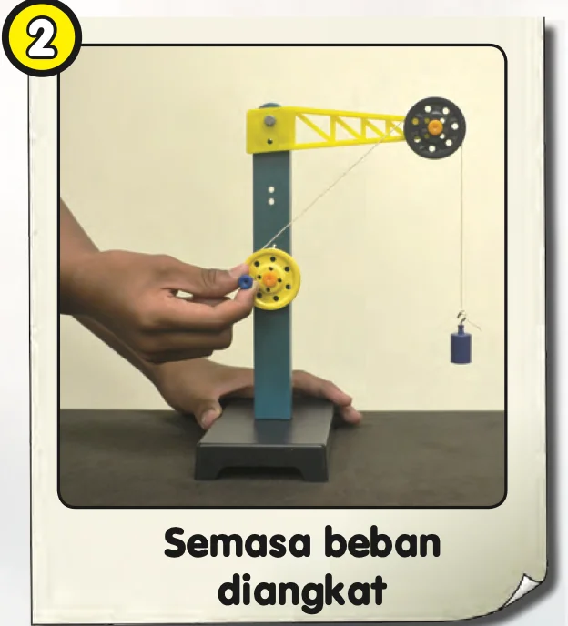Tangan memusingkan takal kuning dan beban sedang diangkat