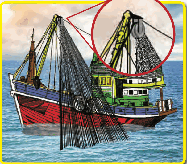 A fishing boat with a big net and a pulley at the top of its mast