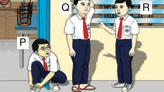 P kneels and ties the laces of his shoes. Q stands wearing slippers. R stands wearing school shoes.