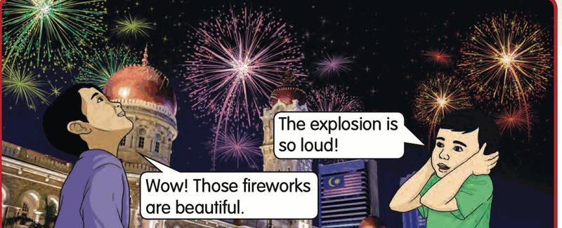 Two boys watching fireworks; one covers his ears