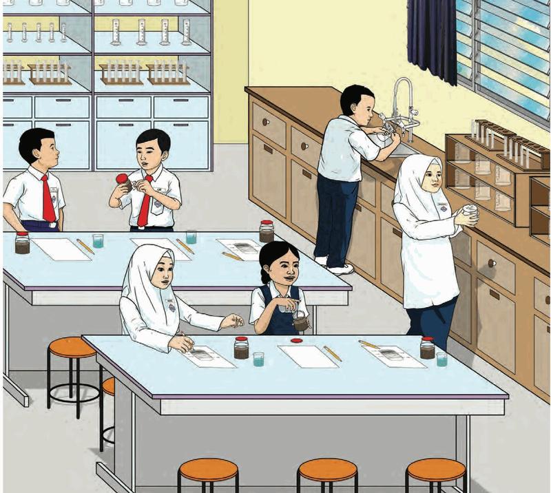 Pupils in a Science Room handling apparatus, washing a beaker and storing apparatus