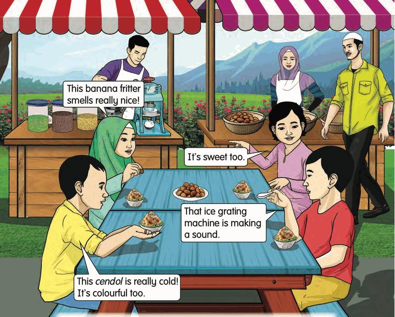 Four children eating cendol and banana fritters at a stall, talking about what they see, hear, smell, taste and feel