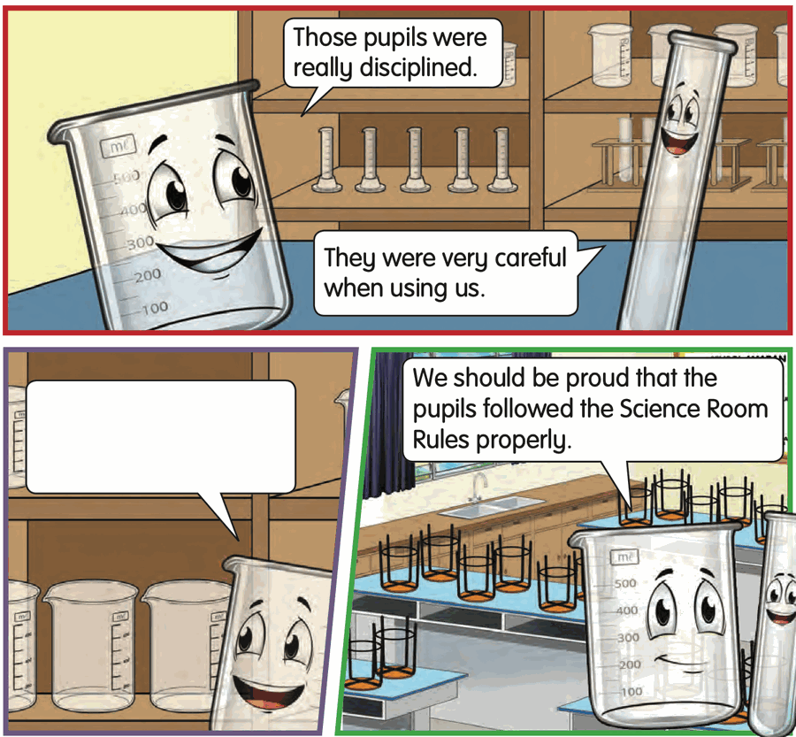 A beaker and a test tube with happy faces talk in the Science Room