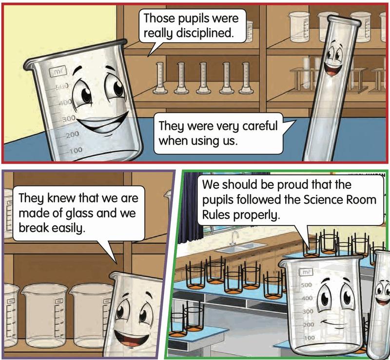 A smiling beaker and test tube talk about the careful Year 3 pupils