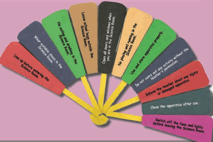 A paper fan with one Science Room rule on each blade
