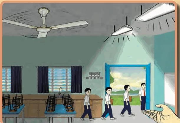 Pupils leave the Science Room while the fan and lights are still on