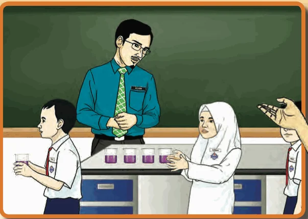 Pupils take beakers from the teacher's table one by one