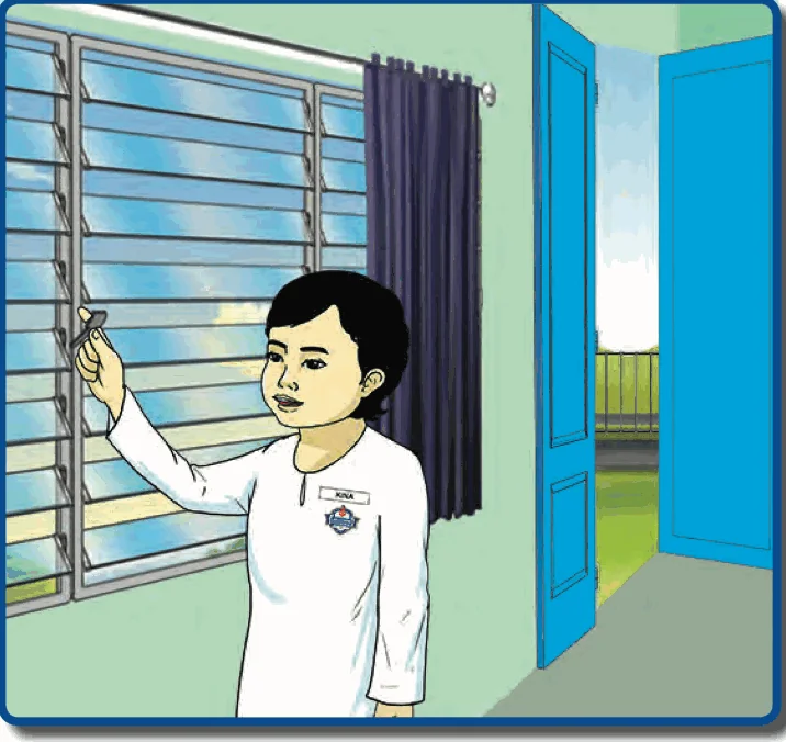 Kina opens the window louvres; the door is open