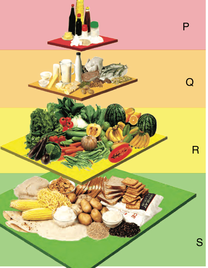 Food pyramid: P at the top with oil, salt and sugar; Q with fish, meat and milk; R with fruits and vegetables; S at the bottom with rice, bread and potatoes