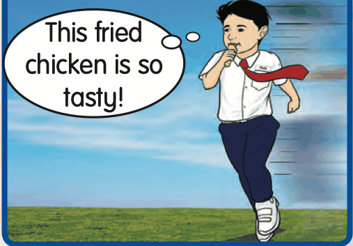 A boy running while eating fried chicken