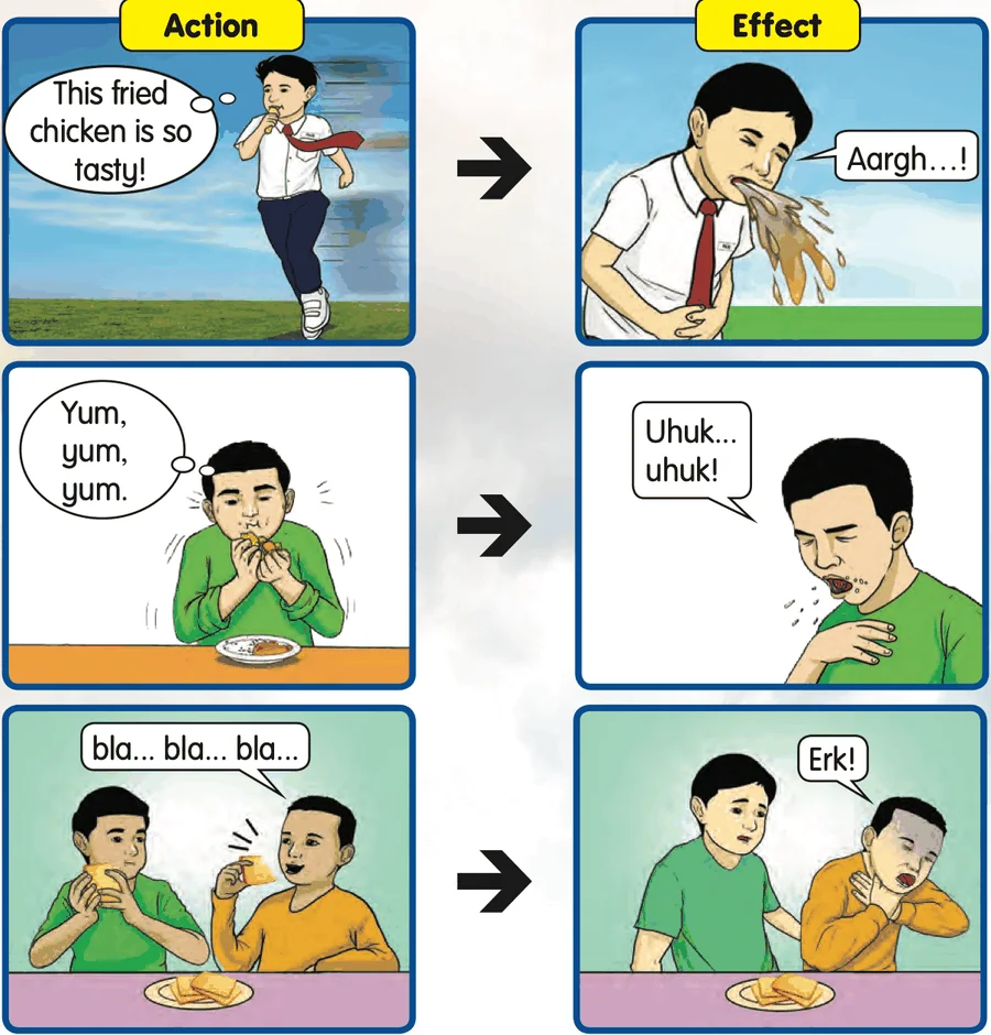 Eating while running causes vomiting; eating too fast causes coughing; talking while eating causes choking