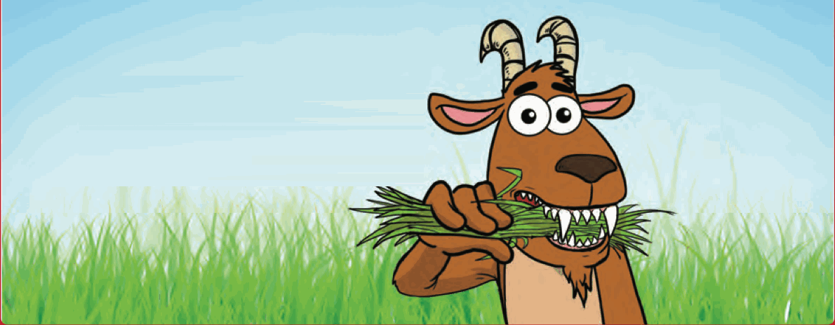 Cartoon goat with pointed teeth holding grass