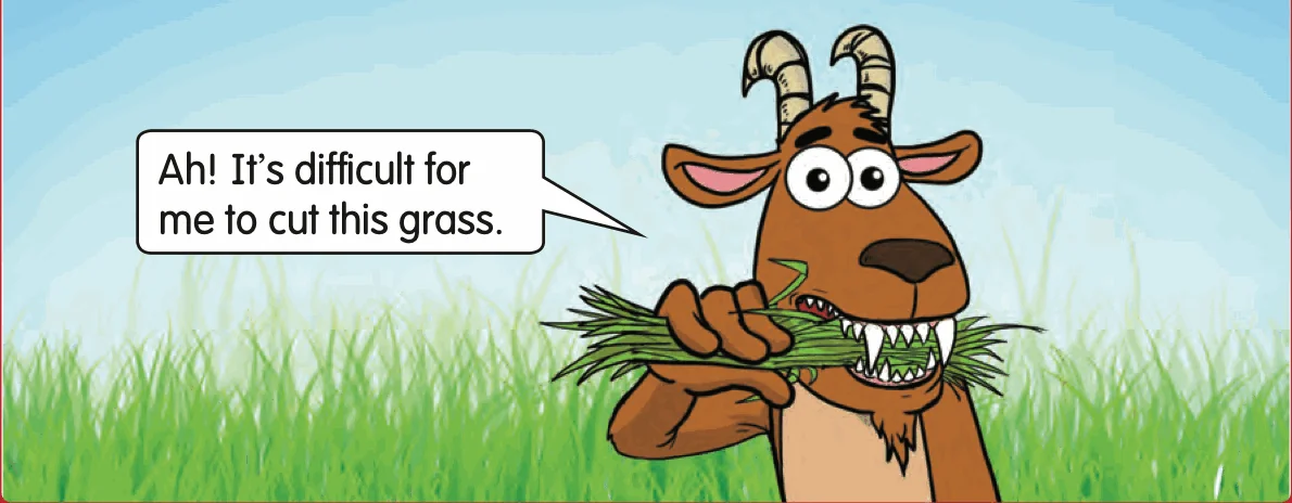 Cartoon goat with pointed teeth struggling to cut grass