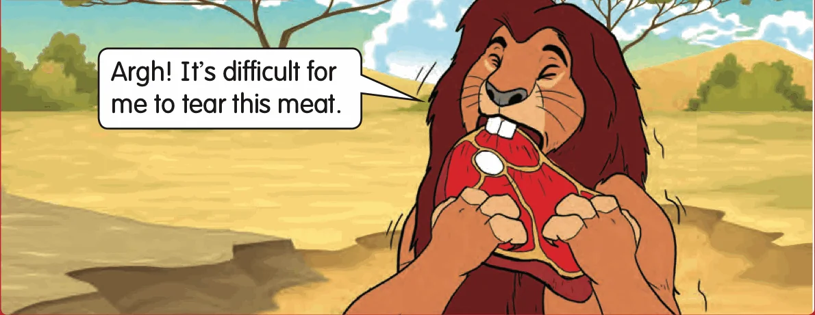 Cartoon lion with flat front teeth struggling to tear meat