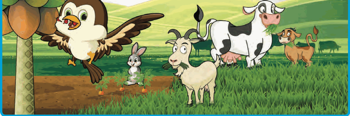A bird, rabbit, goat and cows eating plants on a farm