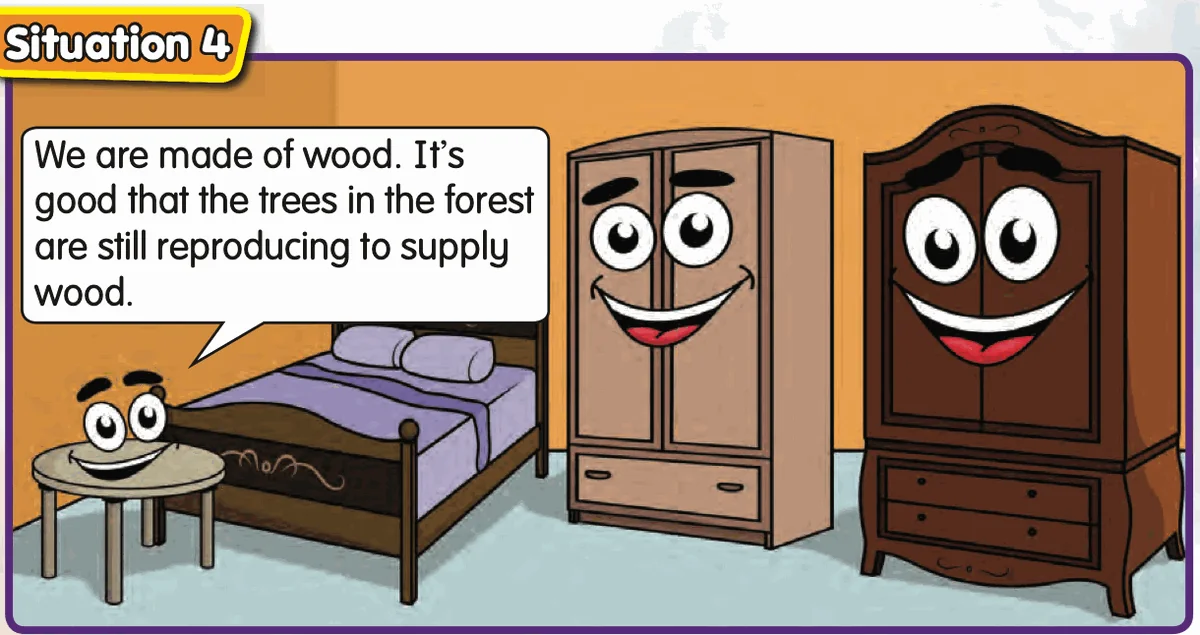 A bed, table and cupboards made of wood
