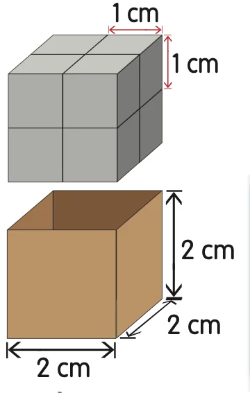 A 2 cm box and the eight 1 cm cubes that fill it
