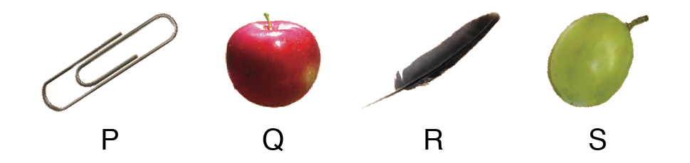 P is a paper clip, Q is an apple, R is a feather (quill), S is a grape