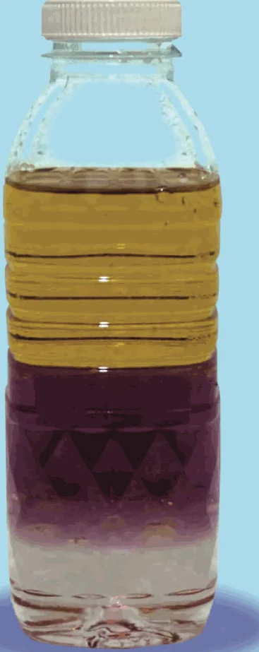 A bottle with a yellow oil layer on top, purple water in the middle and clear glycerine at the bottom