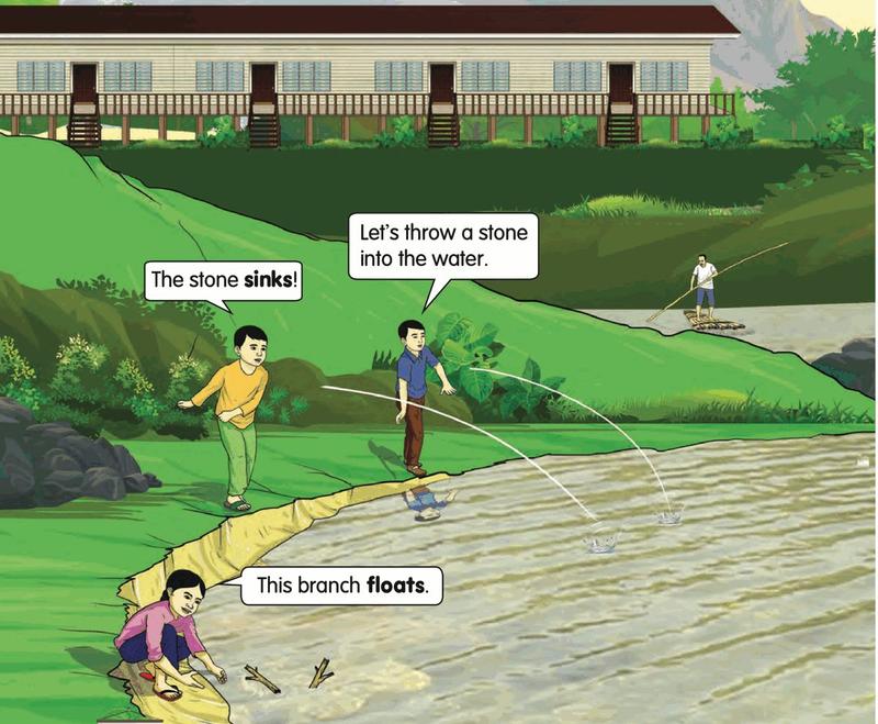 Children at a river in a kampung. A stone thrown into the water sinks. A branch floats.