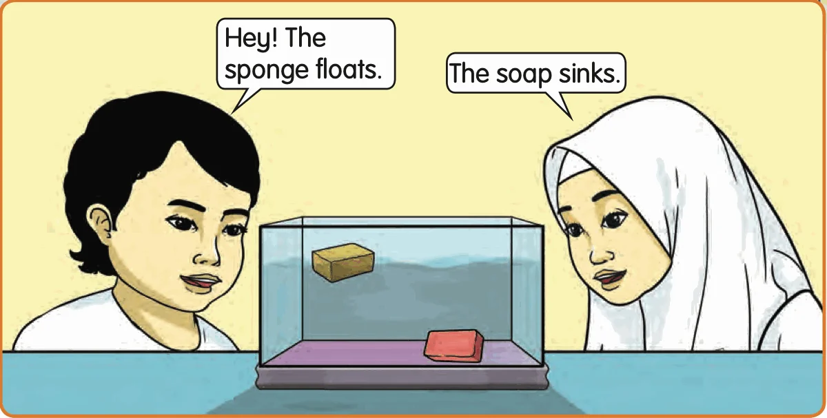 In a tank of water, the sponge floats at the top and the soap lies at the bottom