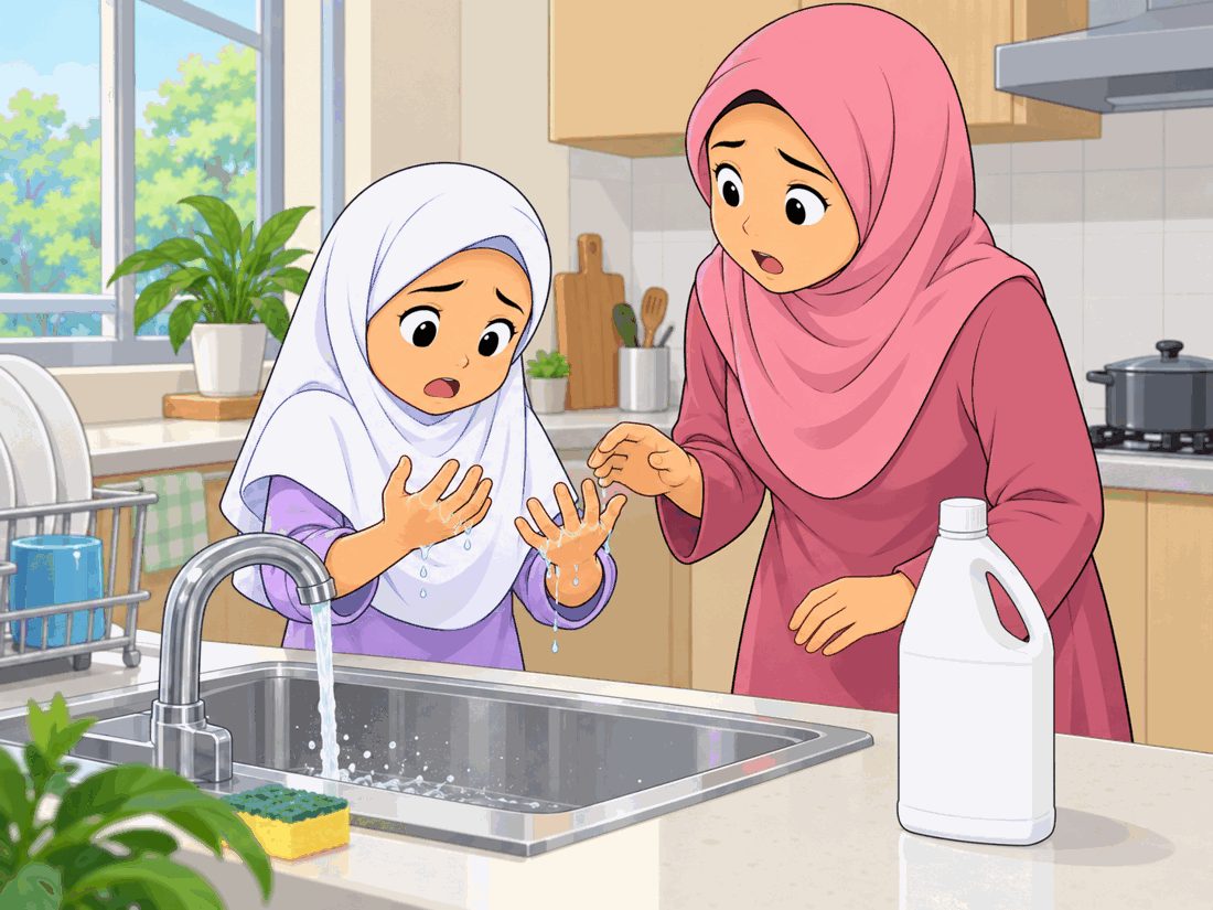 A girl at the kitchen sink asks her mother how to get rid of the slippery feeling from the bleach